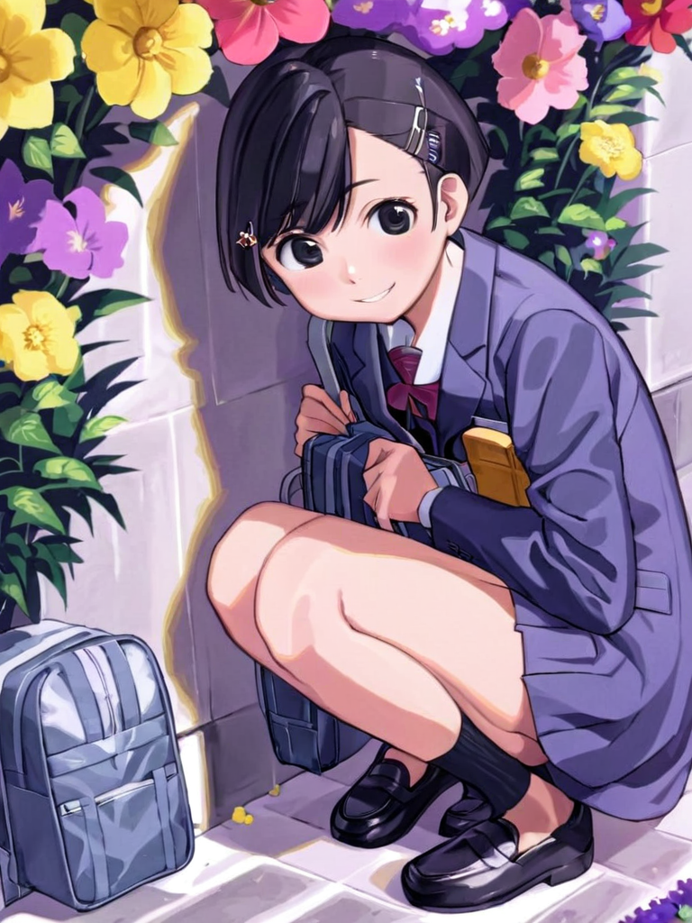 03218-799629385-_lora_comicloa1_xl_1_,1girl,solo,flower,school uniform,black hair,bag,squatting,black eyes,jacket,skirt,blazer,school bag,haircl.png